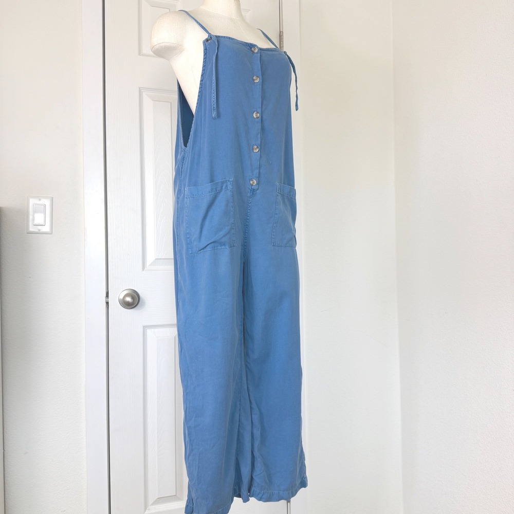 Billabong Blue Button Front Wide Leg Jumpsuit Womens Large Adjustable Straps